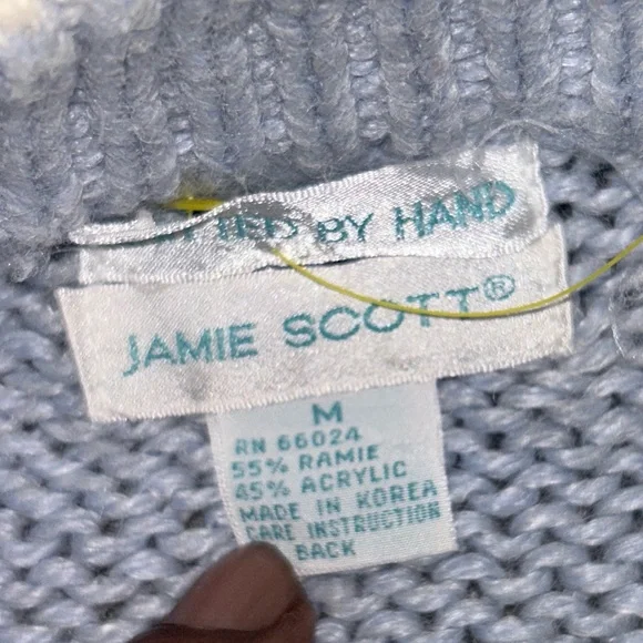 80s Jamie Scott Blue Cable Hand Knit Sweater Medium - Picture 3 of 4